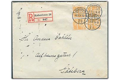 10 øre Bølgelinie i fireblok på anbefalet brev fra København d. 8.9.1934 til Göteborg, Sverige.
