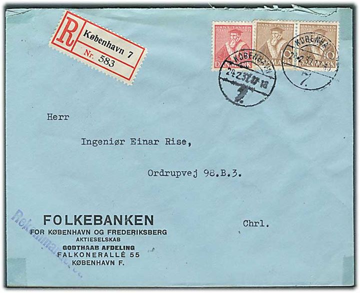 10 øre (2) og 15 øre Tavsen på anbefalet brev fra København d. 24.2.1937 til Charlottenlund. Taperester i hjørnerne.