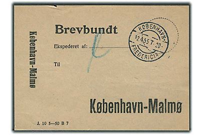 Brevbundtseddel J.10 5-50 B7 København-Malmø med bureaustempel København - Fredericia T.20 d. 12.4.1955.