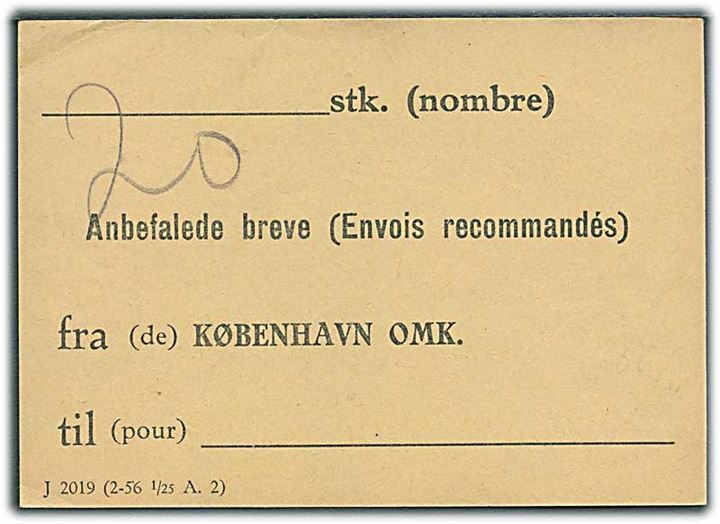 Brevbundtseddel Anbefalede breve fra København OMK J 2019 (2-56 1/25 A.2).