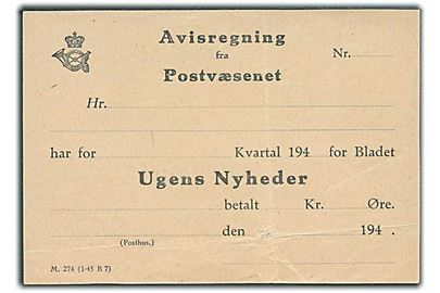 Avisregning fra Postvæsnet for Ugens Nyheder M.274 (1-45 B7).