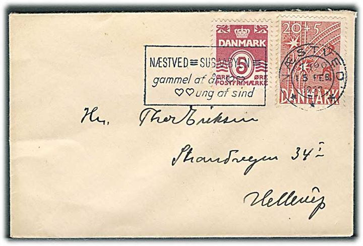 5 øre Bølgelinie og 20+5 øre Frihedsfonden på lille brev fra Næstved d. 15.2.1952 til Hellerup.