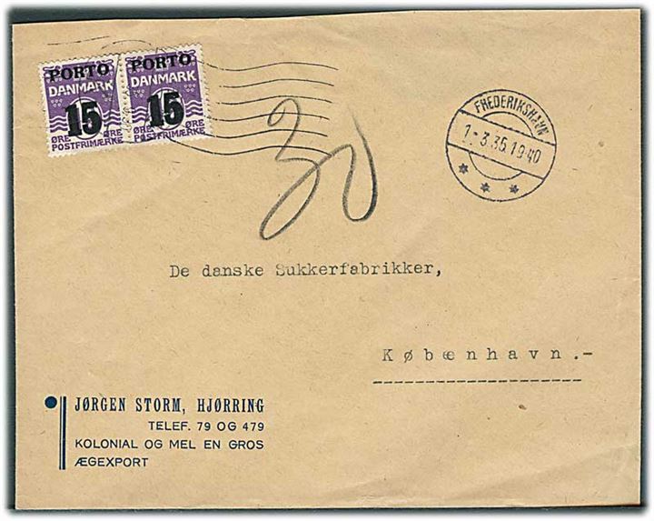 Ufrankeret brev fra Hjørring stemplet Frederikshavn d. 1.3.1935 til København. Udtakseret i porto med 12/12 øre Porto-provisorium (2) annulleret med håndrullestempel i København d. 2.3.1935.
