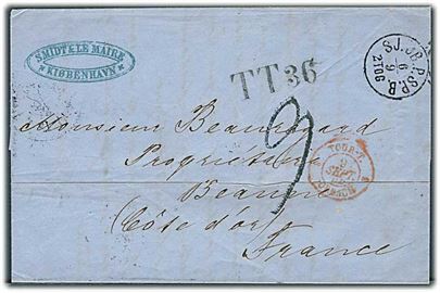 1862. Portobrev fra Kjøbenhavn med lapidar SJ.JB.P.SP.B. d. 6.9.1862 via K.D.O.P.A. Hamburg og Paris til Beaune, Frankrig. Stemplet T.T.36.