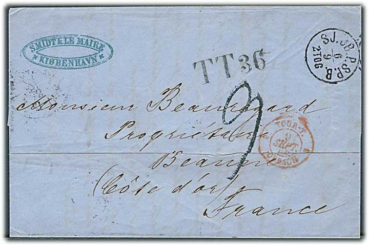 1862. Portobrev fra Kjøbenhavn med lapidar SJ.JB.P.SP.B. d. 6.9.1862 via K.D.O.P.A. Hamburg og Paris til Beaune, Frankrig. Stemplet T.T.36.