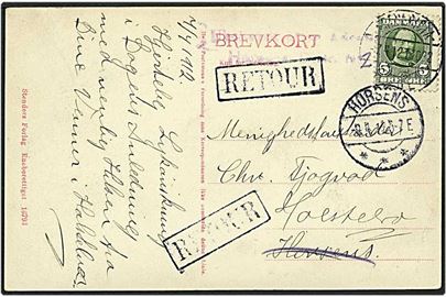 5 øre grøn Fr. VIII på postkort fra Holstebro d. 7.4.1912 til Horsens. Kortet returneret.