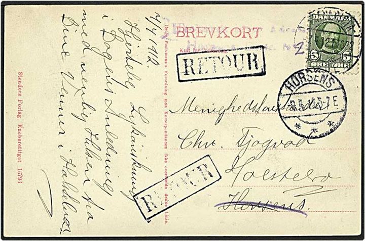 5 øre grøn Fr. VIII på postkort fra Holstebro d. 7.4.1912 til Horsens. Kortet returneret.