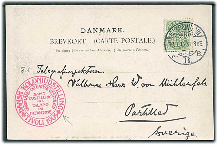 5 øre Våben på brevkort (St. Thomas, DWI) stemplet Kjøbenhavn d. 17.3.1905 til Sverige. Udstillingsstempel: Dansk Koloniudstilling * Tivoli 1905 *. Kortet har været opklæbet.