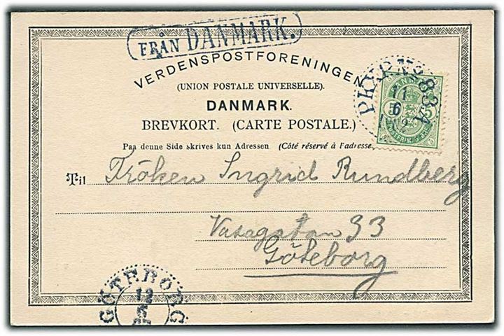 5 øre Våben på brevkort annulleret med svensk bureaustempel PKXP. No. 83A d. 11.6.1902 og sidestemplet Från Danmark til Göteborg, Sverige.