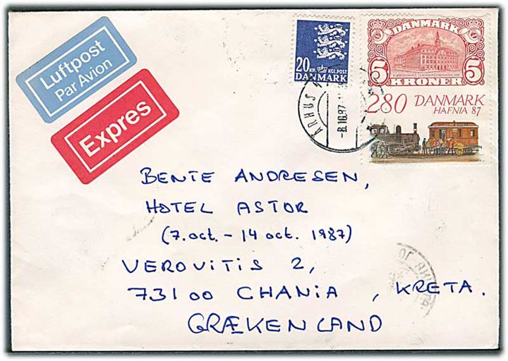 2,80 kr. Hafnia 87 og 20 øre Rigsvåben på ekspres luftpostbrev fra Århus N d. 8.10.1987 til Chania, Kreta, Grækenland.