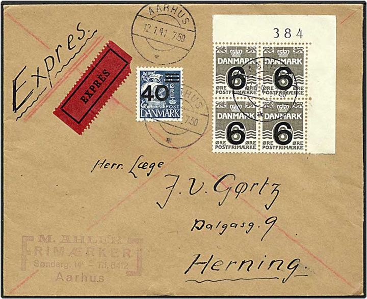 40/30 øre blå karavel og 6/8 øre grå bølgelinie på expres brev fra Aarhus d. 12.1.1941 til Herning.
