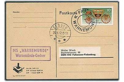 DDR 10 pfg. på skibsbrevkort annulleret med Fra * Warnemünde * og sidestemplet Gedser d. 25.1.1977 til Falkensee, DDR.