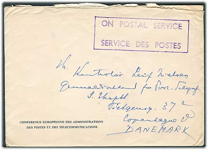 Ufrankeret CEPT kuvert fra dansker til CEPT konference i Torquay, England d. 15.9.1961 til København, Danmark. Fuldt indhold.