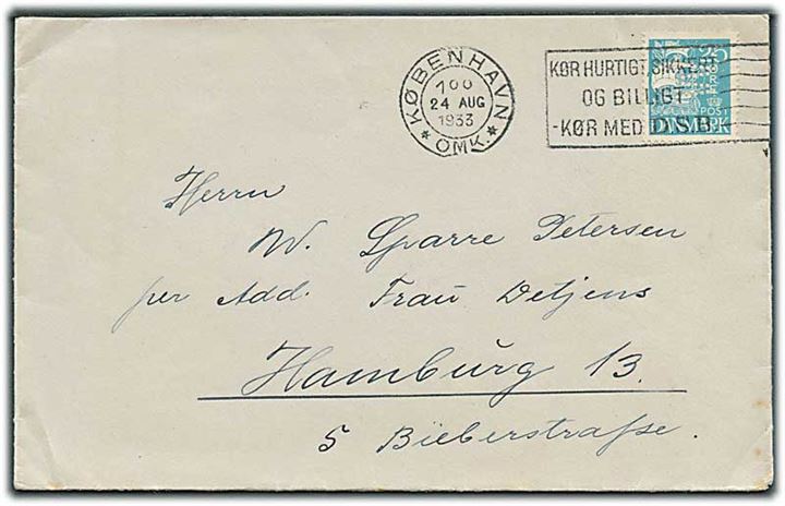 25 øre Karavel med perfin W. (firma Elkan Wulff) på brev fra København d. 24.8.1933 til Hamburg, Tyskland.