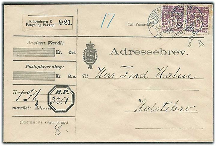 15 øre Bølgelinie i parstykke med perfin H.P. på adressebrev fra firma Holger Petersen i Kjøbenhavn d. 13.5.1909 til Holstebro.