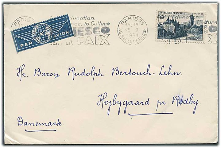 30 fr. Arbois single på luftpostbrev annulleret med UNESCO TMS-stempel fra Paris d. 13.8.1951 til Rødby, Danmark.