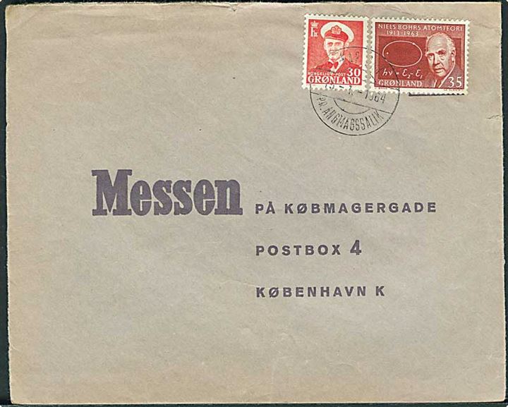 30 øre Fr. IX og 35 øre Niels Bohr på brev annulleret med pr.stempel Kap Dan pr. Angmagssalik d. 15.1.1964 til København.