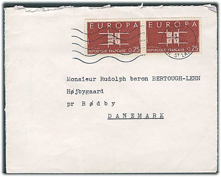 0,25 fr. Europa udg. i parstykke på brev fra Paris d. 17.12.1963 til Rødby, Danmark.