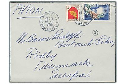 53 fr. frankeret luftpostbrev fra Paris d. 10.7.1956 til Rødby, Danmark.