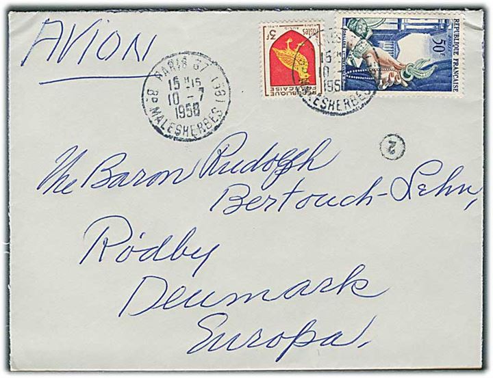 53 fr. frankeret luftpostbrev fra Paris d. 10.7.1956 til Rødby, Danmark.