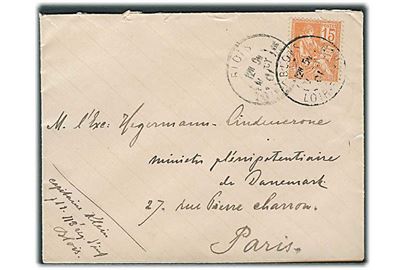 15 c. på brev fra kaptajn Klein ved 113. Inf. Regiment i Blois d. 13.10.1901 til den danske ambassadør Hegermann-Lindencrone i Paris.