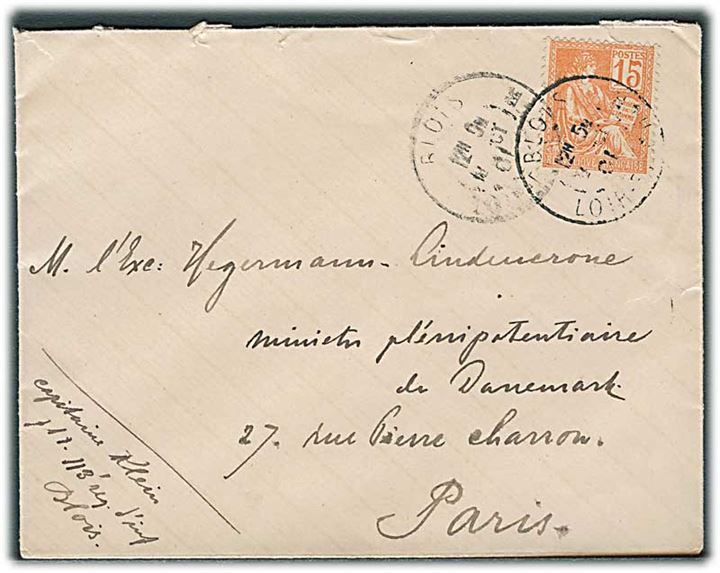 15 c. på brev fra kaptajn Klein ved 113. Inf. Regiment i Blois d. 13.10.1901 til den danske ambassadør Hegermann-Lindencrone i Paris.