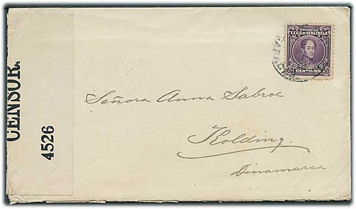 50 c. på brev fra Caracas 1918 til Kolding, Danmark. Åbnet af britisk censur no. 4526.