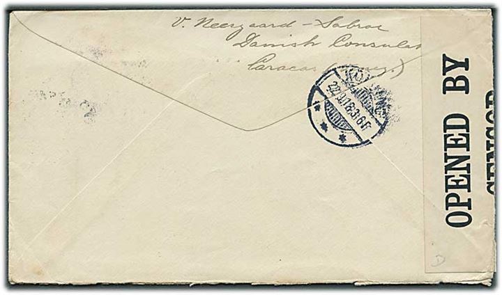 50 c. på brev fra Caracas 1918 til Kolding, Danmark. Åbnet af britisk censur no. 4526.