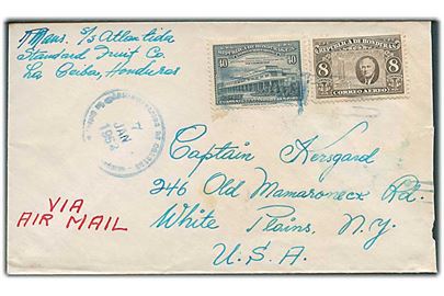 48 c. blandingsfrankeret fortrykt kuvert fra S/S Atlantida Vaccaro Line sendt som luftpost fra La Ceiba d. 7.1.1952 til White Plains, USA.