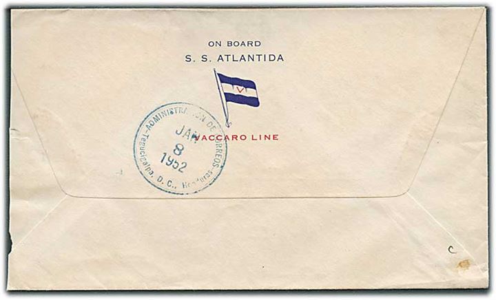 48 c. blandingsfrankeret fortrykt kuvert fra S/S Atlantida Vaccaro Line sendt som luftpost fra La Ceiba d. 7.1.1952 til White Plains, USA.