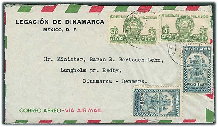 180 c. blandingsfrankeret luftpostbrev fra danske legation i Mexico 1947 ril Rødby, Danmark.