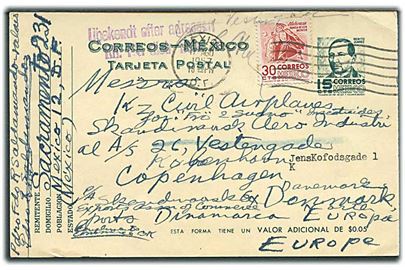 15 c. helsagsbrevkort opfrankeret med 30 c. fra Mexico d. 17.8.1957 til Skandinavisk Aero Industri i København, Danmark. Stemplet Ubekendt efter adressen.
