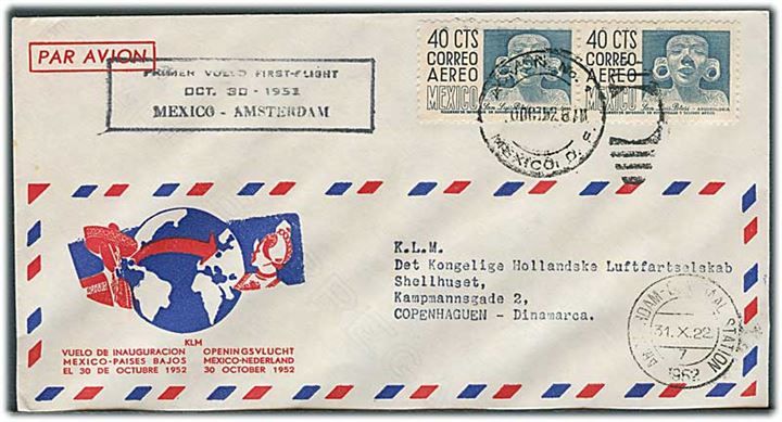 40 cts i parstykke på KLM 1.-flyvningskuvert fra Mexico d. 30.10.1952 via Amsterdam til København, Danmark.