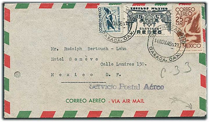31 cts. på indenrigs luftpostbrev fra Oaxaca d. 14.11.1945 til Monterrey. Arkivhul.