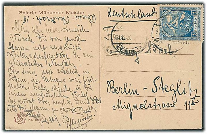 1 rub. single på brevkort fra Leepaja d. 31.12.1920 til Berlin. Mærke yderligt placeret.