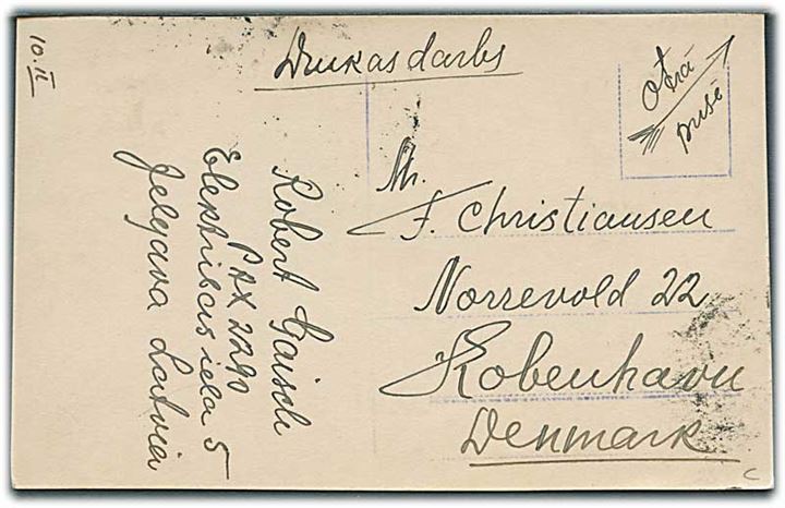 15 c. Luftpost på billedside af brevkort sendt som tryksag fra Jelgava d. 11.2.1933 til København, Danmark.