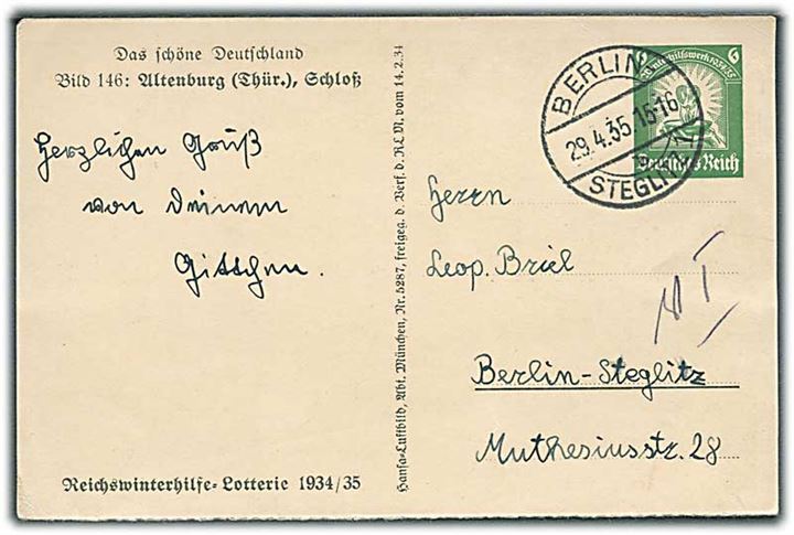 6 pfg. illustreret helsagsbrevkort (Bild 146: Altenburg) sendt lokalt i Berlin d. 29.4.1935.
