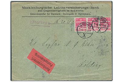 10 øre Bølgelinie i 3-stribe på brev med opkrævning fra 2.10.1913 til Kolding.