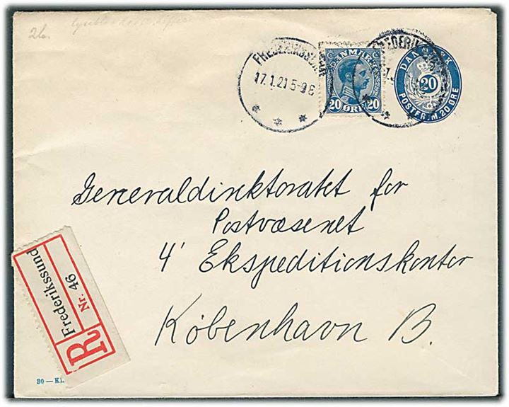 20 øre helsagskuvert (fabr. 30-Kl.) opfrankeret med 20 øre Chr. X sendt anbefalet fra Frederikssund d. 17.1.1921 til København. På bagsiden liniestempel: Frederikssund.