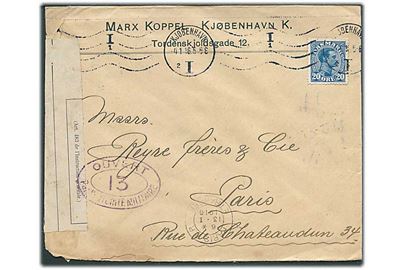 20 øre Chr. X brev fra Kjøbenhavn d. 4.1.1916 til Paris, Frankrig. Åbnet af fransk censur.