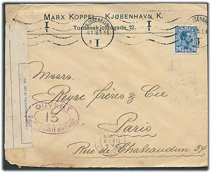 20 øre Chr. X brev fra Kjøbenhavn d. 4.1.1916 til Paris, Frankrig. Åbnet af fransk censur.