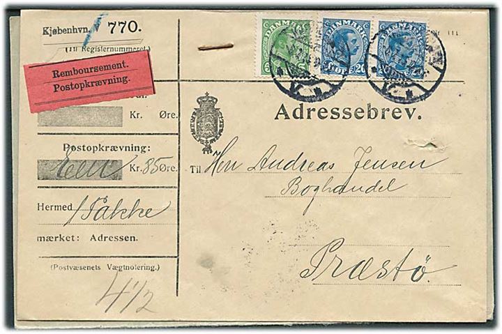 5 øre og 20 øre (2) Chr. X på adressebrev for pakke med opkrævning fra Kjøbenhavn d. 6.7.1915 til Præstø.