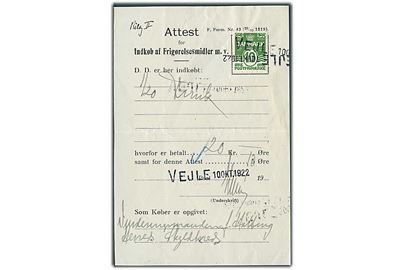 10 øre Bølgelinie annulleret med liniestempel Vejle 10. Okt. 1922 på Attest for Indkøb af Frigørelsesmidler m.v. 