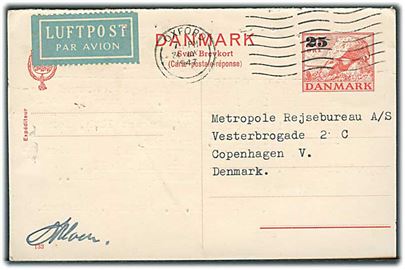 25/20 øre svardel af provisorisk dobbelt helsagsbrevkort (fabr. 133) sendt som luftpost fra Oxford d. 24.5.1947 til København, Danmark.