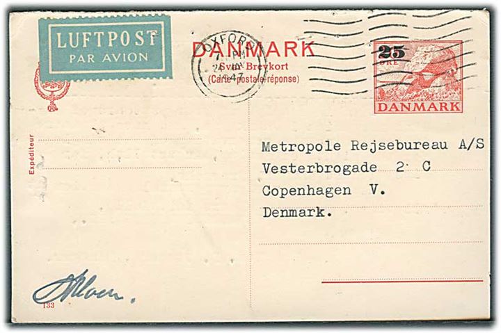 25/20 øre svardel af provisorisk dobbelt helsagsbrevkort (fabr. 133) sendt som luftpost fra Oxford d. 24.5.1947 til København, Danmark.