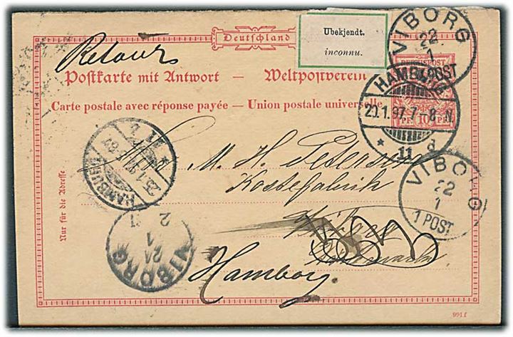 Tysk 10 pfg. spørgedel af dobbelt helsagsbrevkort fra Hamburg d. 20.1.1897 til Viborg, Danmark. Retur med 2-sproget etiket Ubekjendt..
