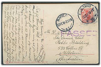 10 øre Chr. X på brevkort fra Kjøbenhavn d. 10.12.1914 til Melbourne, Australien - transit stemplet Napier, New Zealand d. 17.2.1915. Violet censurstempel: Censored.