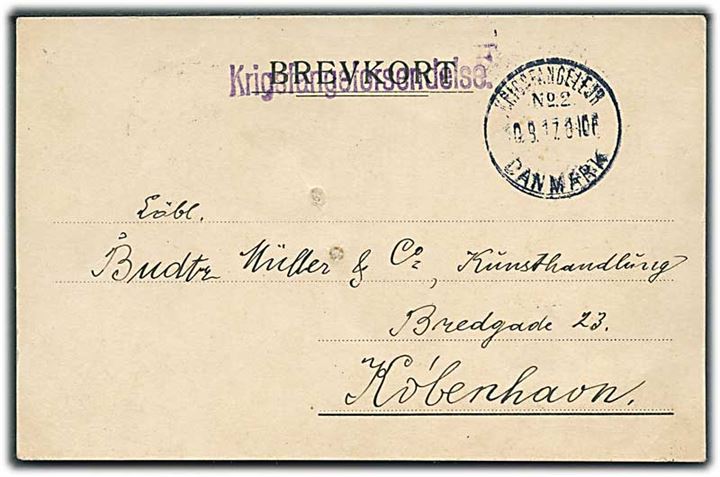 Ufrankeret brevkort med liniestempel Krigsfangeforsendelse og brotype IIIb Krigsfangelejr No. 2 Danmark d. 10.9.1917 til København. Fra lazaretlejren i Hald ved Viborg.
