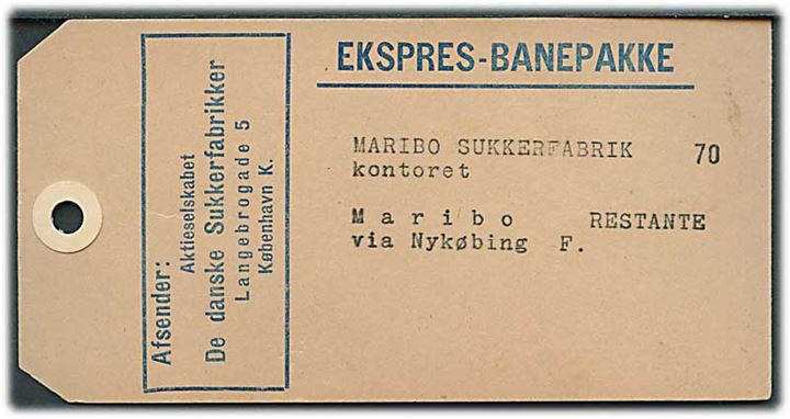 DSB 225/200 øre provisorisk Fragtmærke (mgl. hjørnetak) og 100 øre Ekspresmærke (2) stemplet Kh d. 21.5.1962 Bpk på manila-mærke for ekspresbanepakke fra København til Maribo.