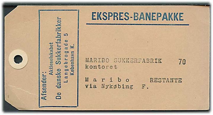 DSB 150 øre Fragtmærke og 100 øre Ekspresmærke (2) på manila-mærke for ekspres-Banepakke fra København d. 20.3.1963 til Maribo.